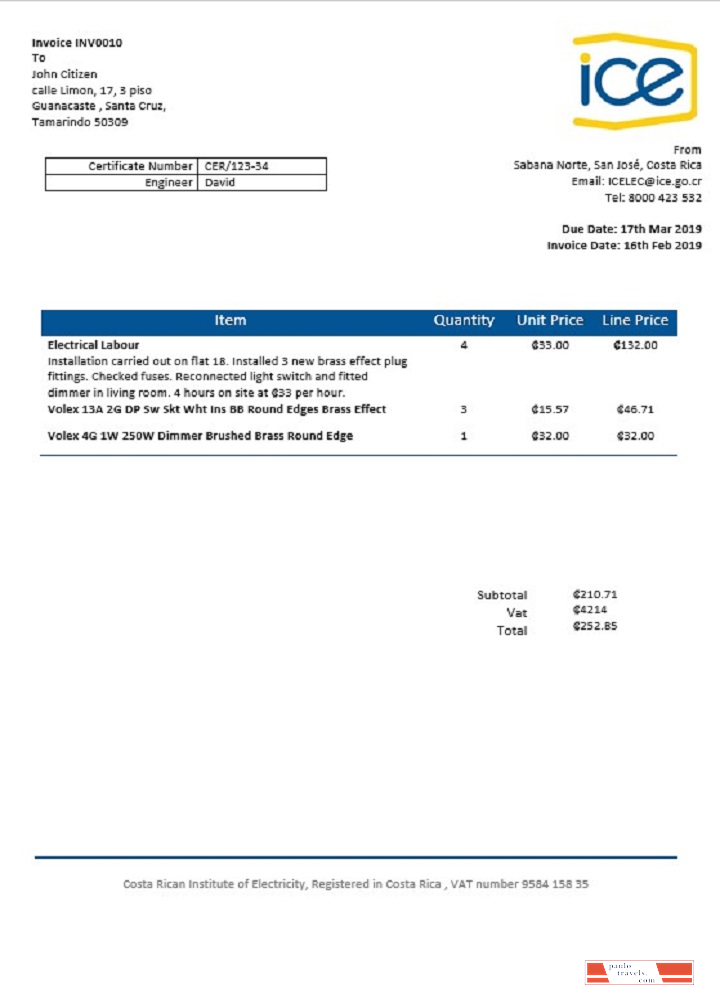 Costa Rica Costa Rican Institute of Electricity utility bill